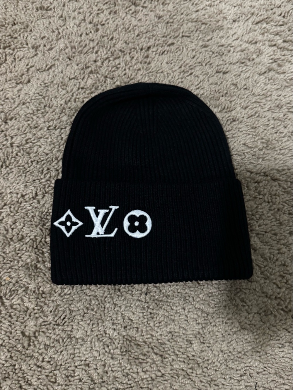 Louis Vuitton Black Knit Beanie with White LV Monogram